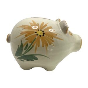 Italian Pottery Piggy Coin Bank Hand Painted Made In Italy Yellow Flowers 5.25"
